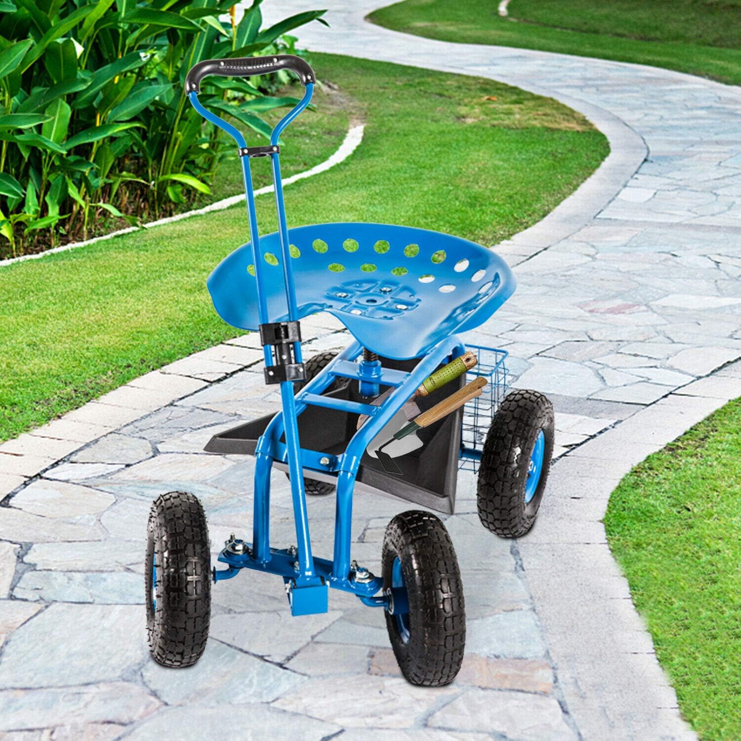 KINTNESS Rolling Garden Stool Cart Work Seat Heavy Duty Wagon Scooter with Extendable Steer Handle Swivel Seat & Utility Basket