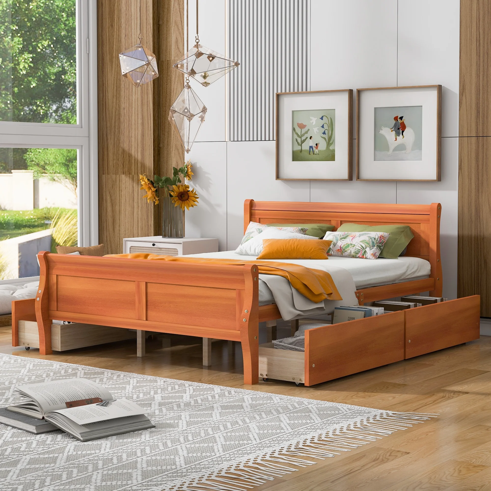 Queen Size Platform Bed Frame with 4 Storage Drawers, Modern Wood Platform Bed with Headboard and Footboard Queen Size for Kids Teens Adults Bedroom