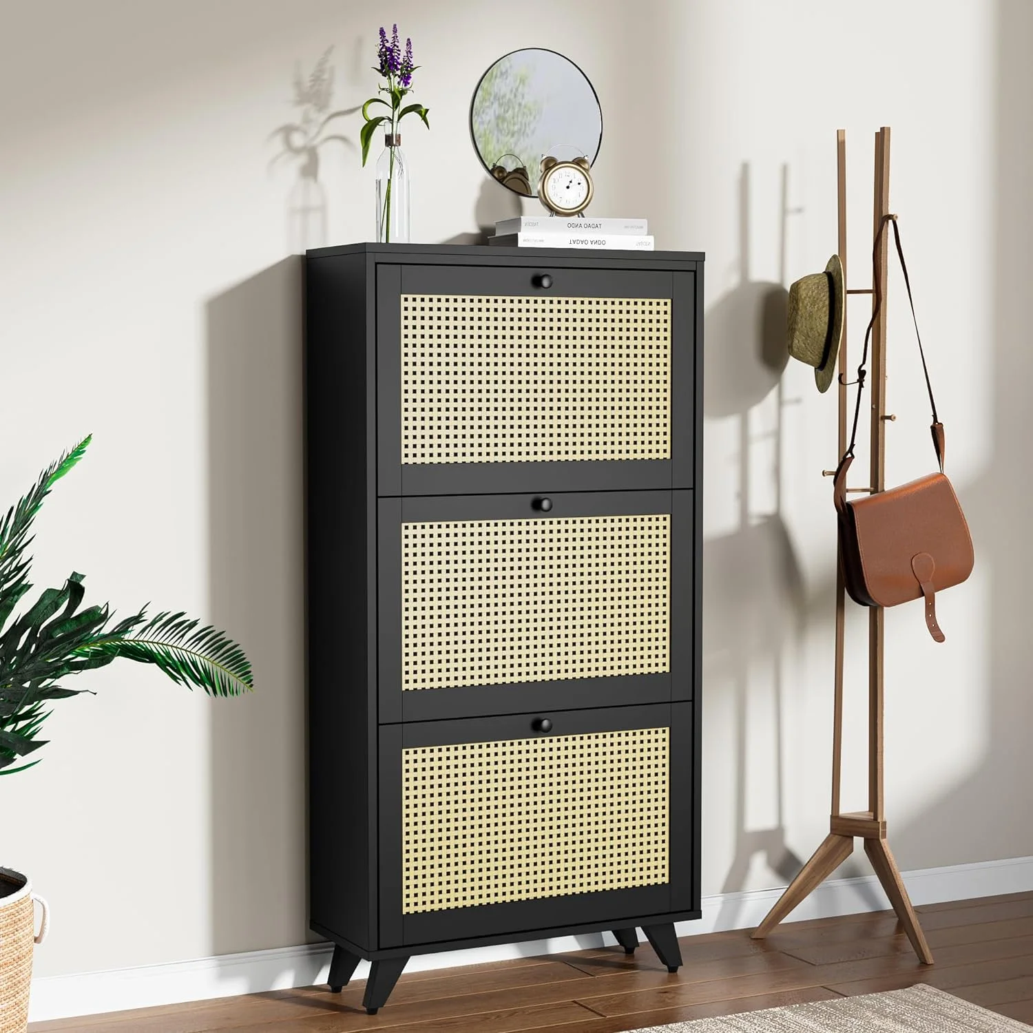 Cozy Castle Rattan Narrow Shoe Cabinet with 3 FILP Drawers, Freestanding Shoe Storage Organizer, Modern Shoe Organizer Cabinet for Entryway, Black