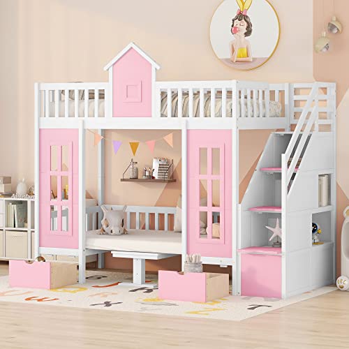 Twin Castle Style Bunk Bed with Slide, Twin-Over-Twin Bunk Bed with 2 Drawers and 3 Shelves, Storage Staircase
