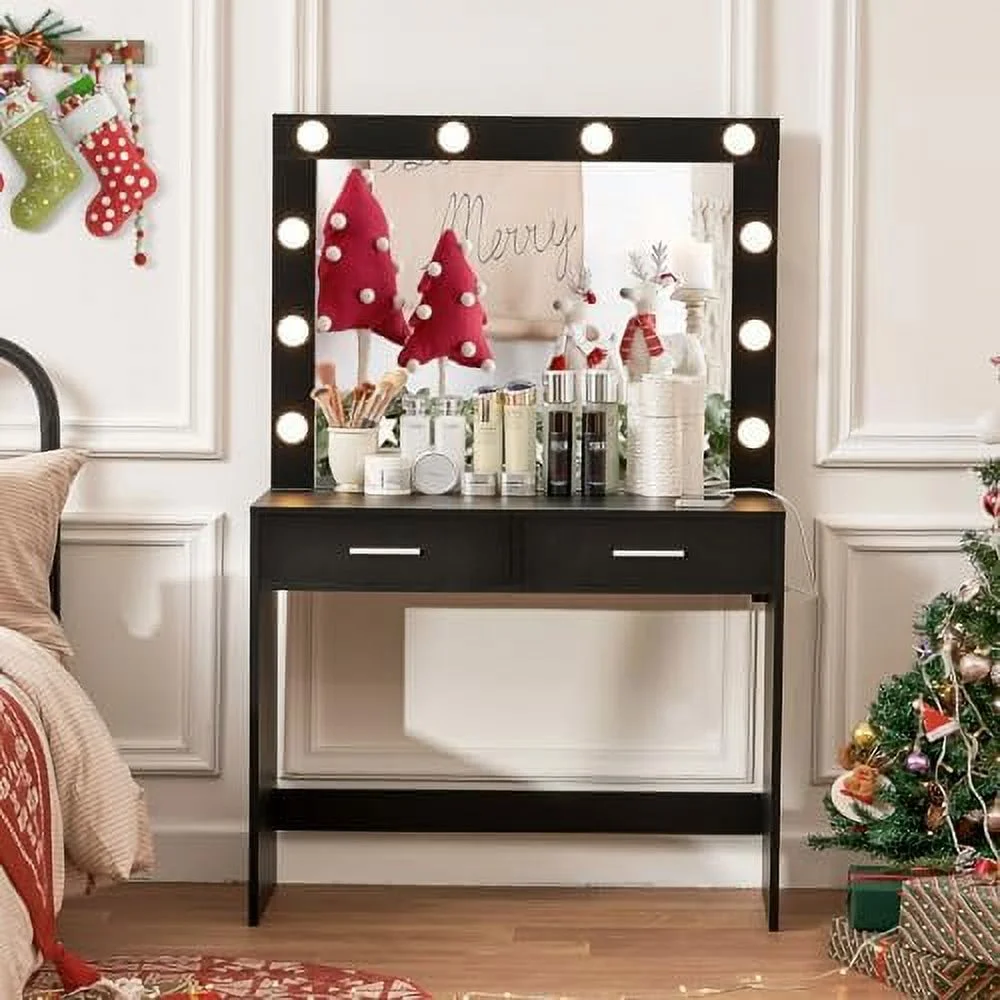 TQJKLFDY Vanity Desk with Large Lighted Mirror for Christmas Day   Vanity with 10 Lights  2 Drawers &amp