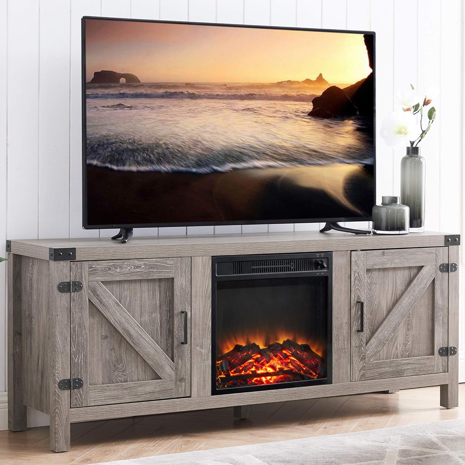 GOOD & GRACIOUS Farmhouse Wood TV Stand and Electric Fireplace