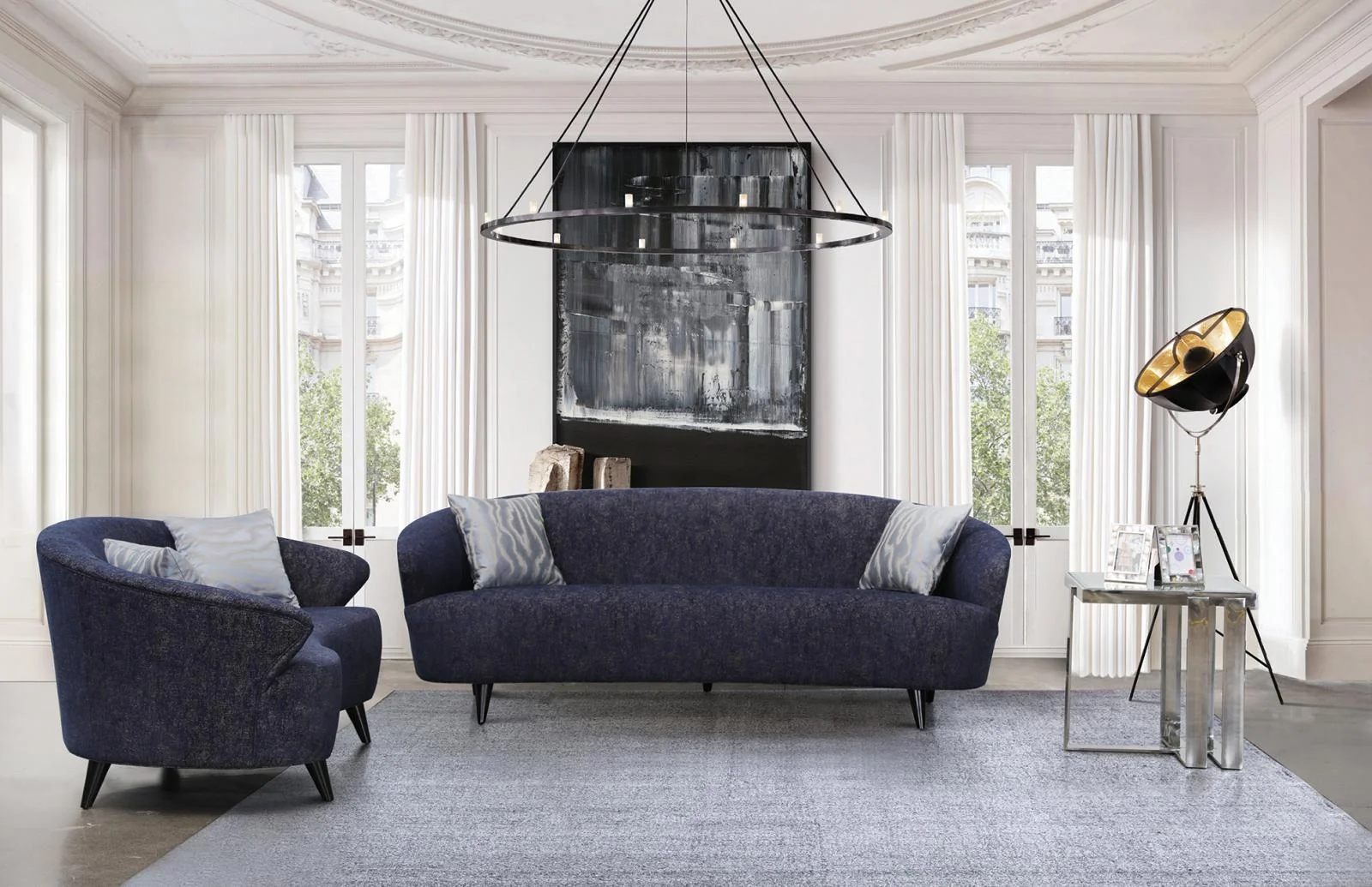 Modern Dark Blue Linen Sofa & Loveseat Set 2 Pcs American Eagle AE3806
