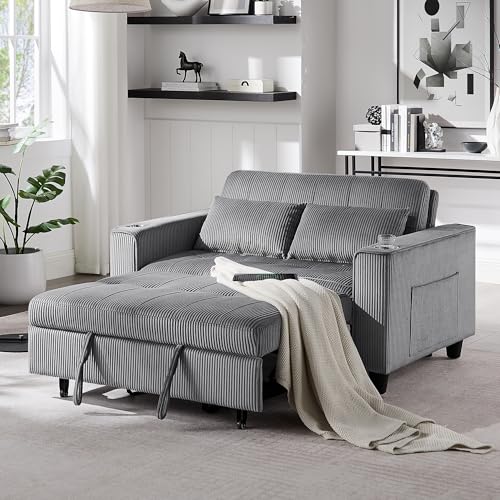 OKD 3 in 1 Convertible Sleeper Sofa Bed, Corduroy Pull Out Futon Couch with Charging Station & Cup Holder