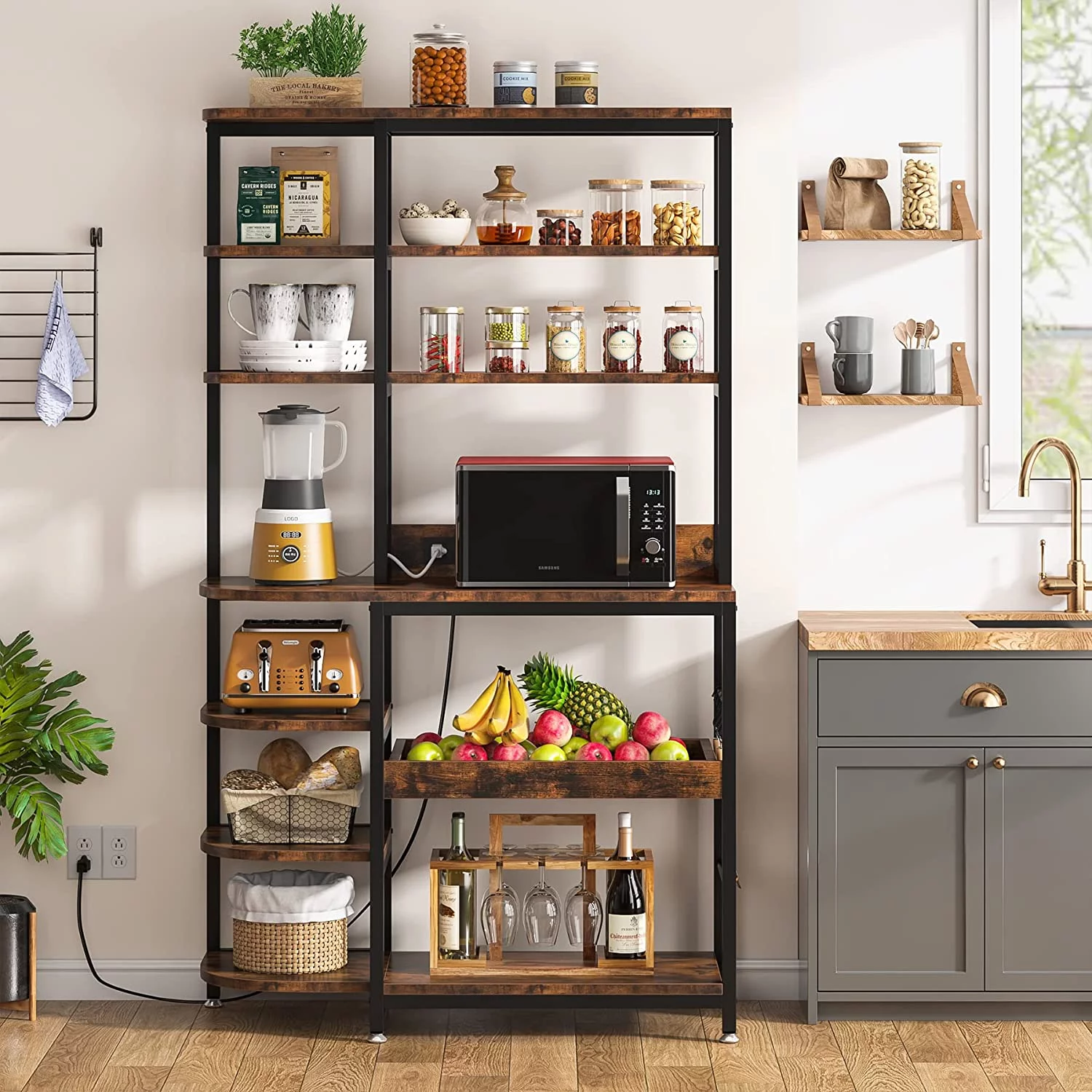 Tribesigns Kitchen Bakers Rack with Power Outlets, 10-Tier Microwave Oven Stand with Storage, S-Hook, and Pull-Out Drawer， Brown