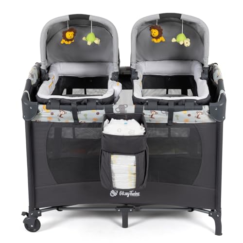 Twin Bassinet & Full-Size Infant Bassinet & Playard for Baby, includes 2 Removable Rock-A-Bye Portable Bassinets with Storage Bags, Light Gray