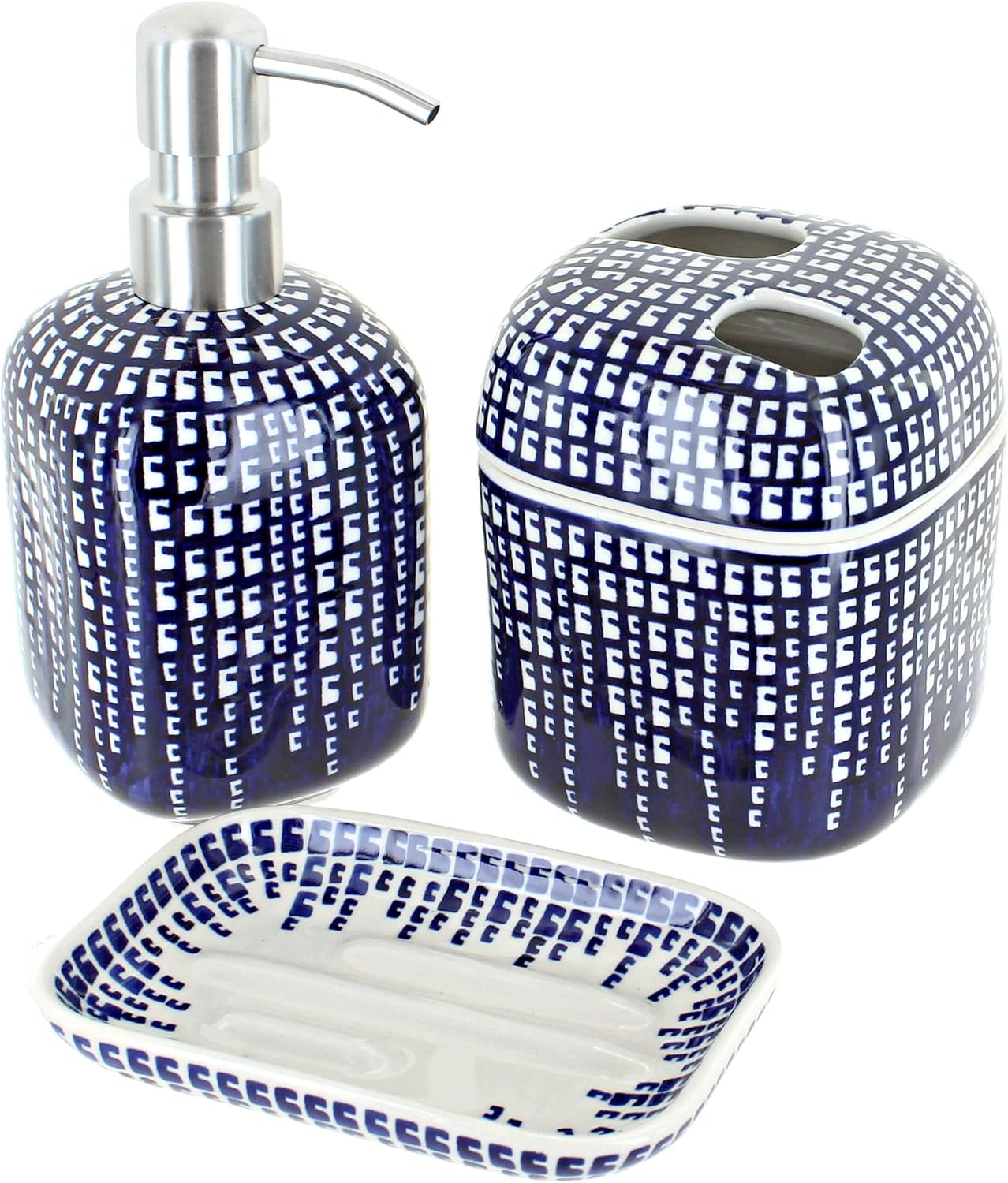 Blue Rose Polish Pottery Blue Tile Bathroom Accessory Set