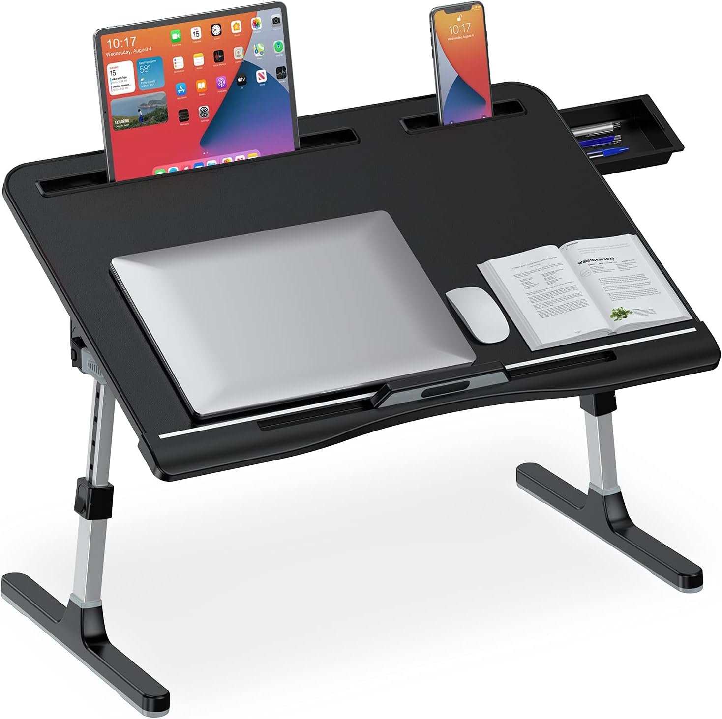 Bed Desk for Laptop, Adjustable Laptop Desk with Foldable Legs Storage Drawer Tablet Slot Removable Stopper