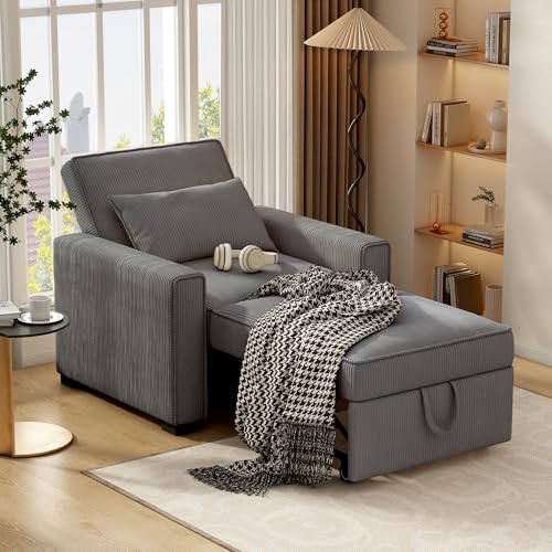 Sleeper Chair, 3 in 1 Convertible Sofa Bed, Adjustable Pull Out Sofa Bed with Throw Pillow, Modern Soft Corduroy Fabric Sofa Sleeper for Single