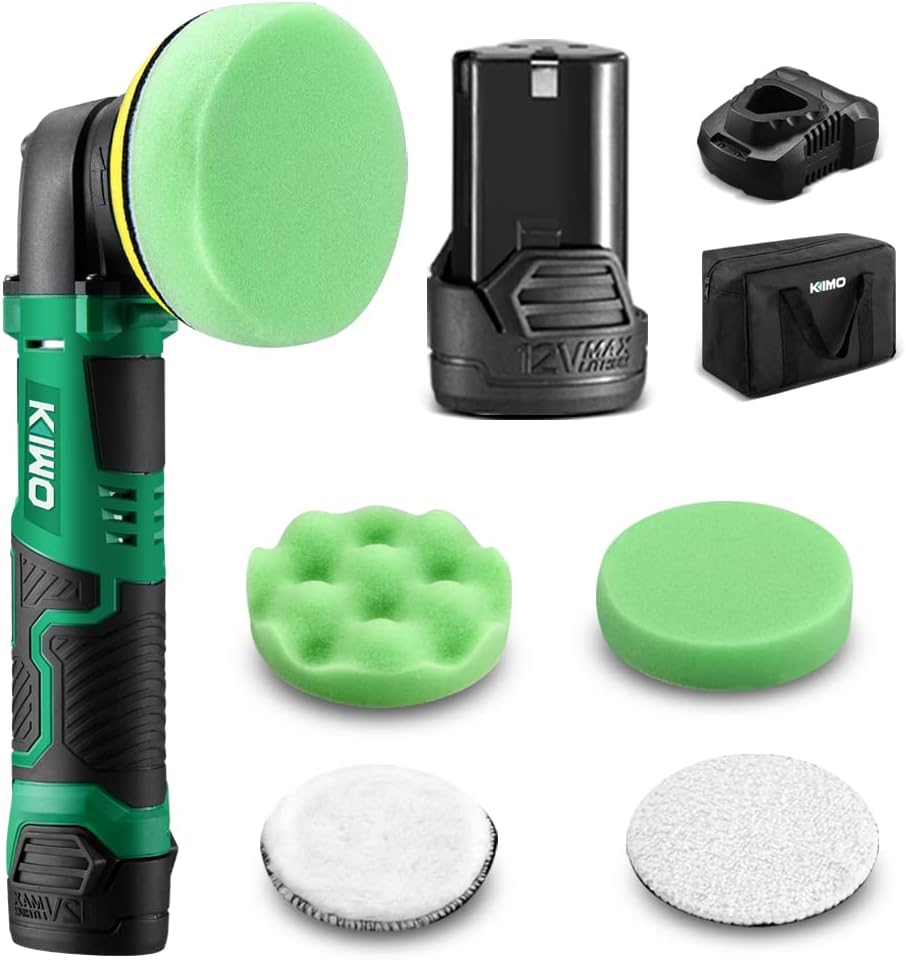 KIMO Cordless Car Buffer Polisher Kit w/ 2.0Ah Battery & Fast Charger, Variable Speed, 4 Polishing Pads for Car Waxing/Scratch Removing