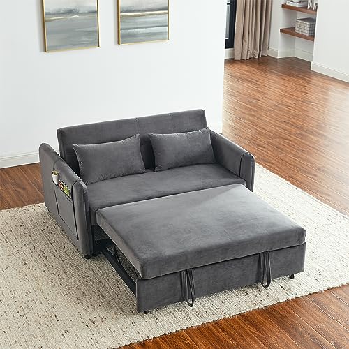 3 in 1 Convertible Sleeper Sofa Bed, Modern Velvet Loveseat Futon Couch Pullout Bed with Side Storage Pockets & Pillows