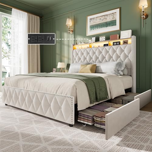 GarveeHome Queen Bed Frame with 50.8" Tall Headboard, Platform Velvet Upholstered Bed Frame with 4 Storage Drawers, USB Charging Station, Led Lights