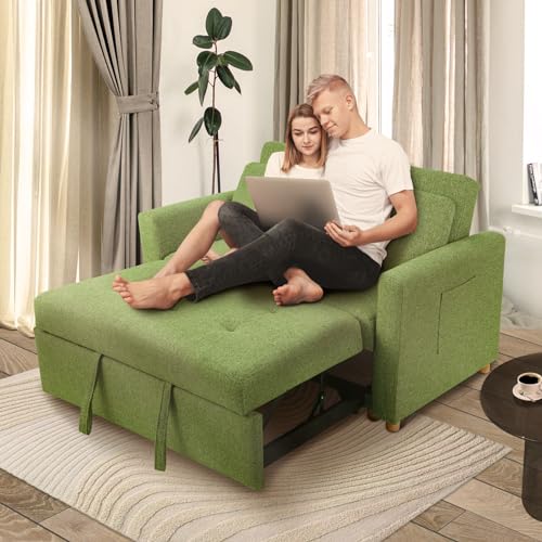 49" 2-Seater Loveseat Futon Sofa, 3-in-1 Convertible Sofa Bed, Linen Fabric Sleeper Couch Pull Out Bed with Spring Support,Adjustable Backrest