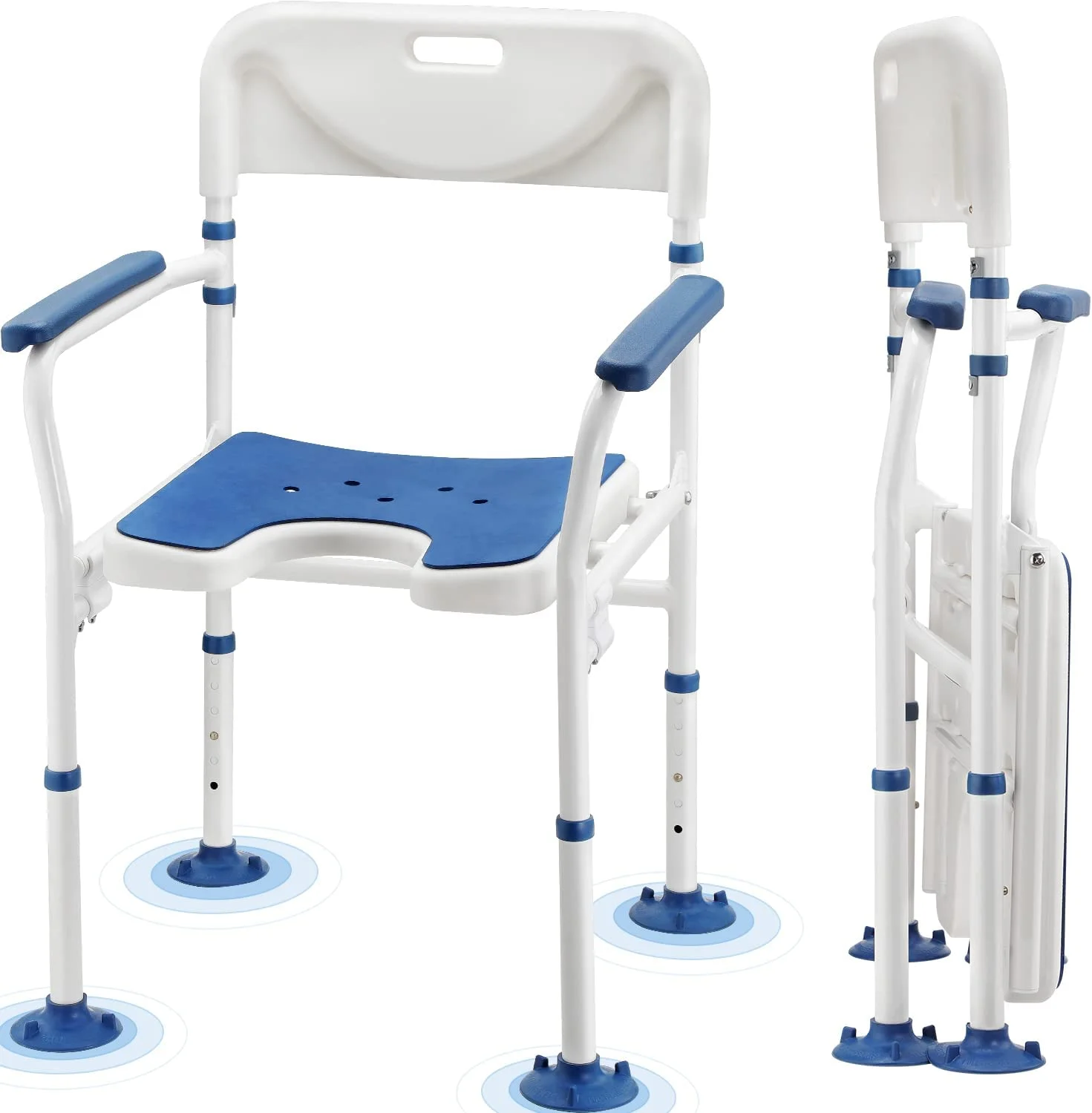 GreenChief Shower Chair with Arms and Back 350 LB, Folding Bath Chair Adjustable, Shower Seat Cutout for Private Washing