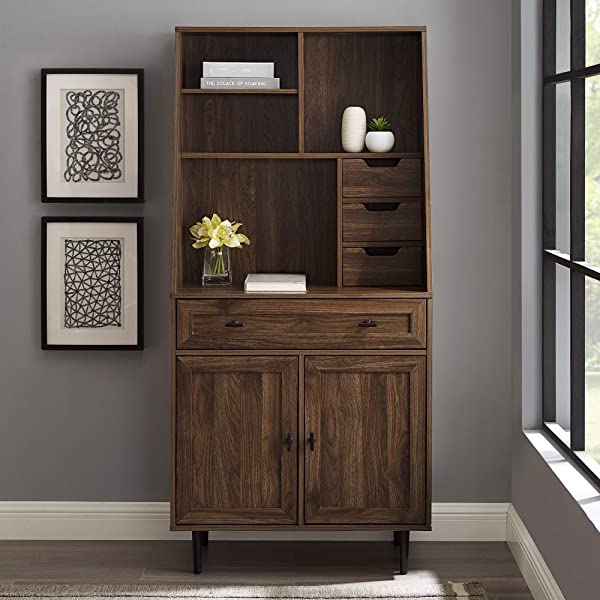 Walker Edison Secretary Hutch Wood Desk with Keyboard Drawer Bookshelf Storage Home Office Storage Cabinet, 64 Inch, Dark Walnut Dark Walnut Desk