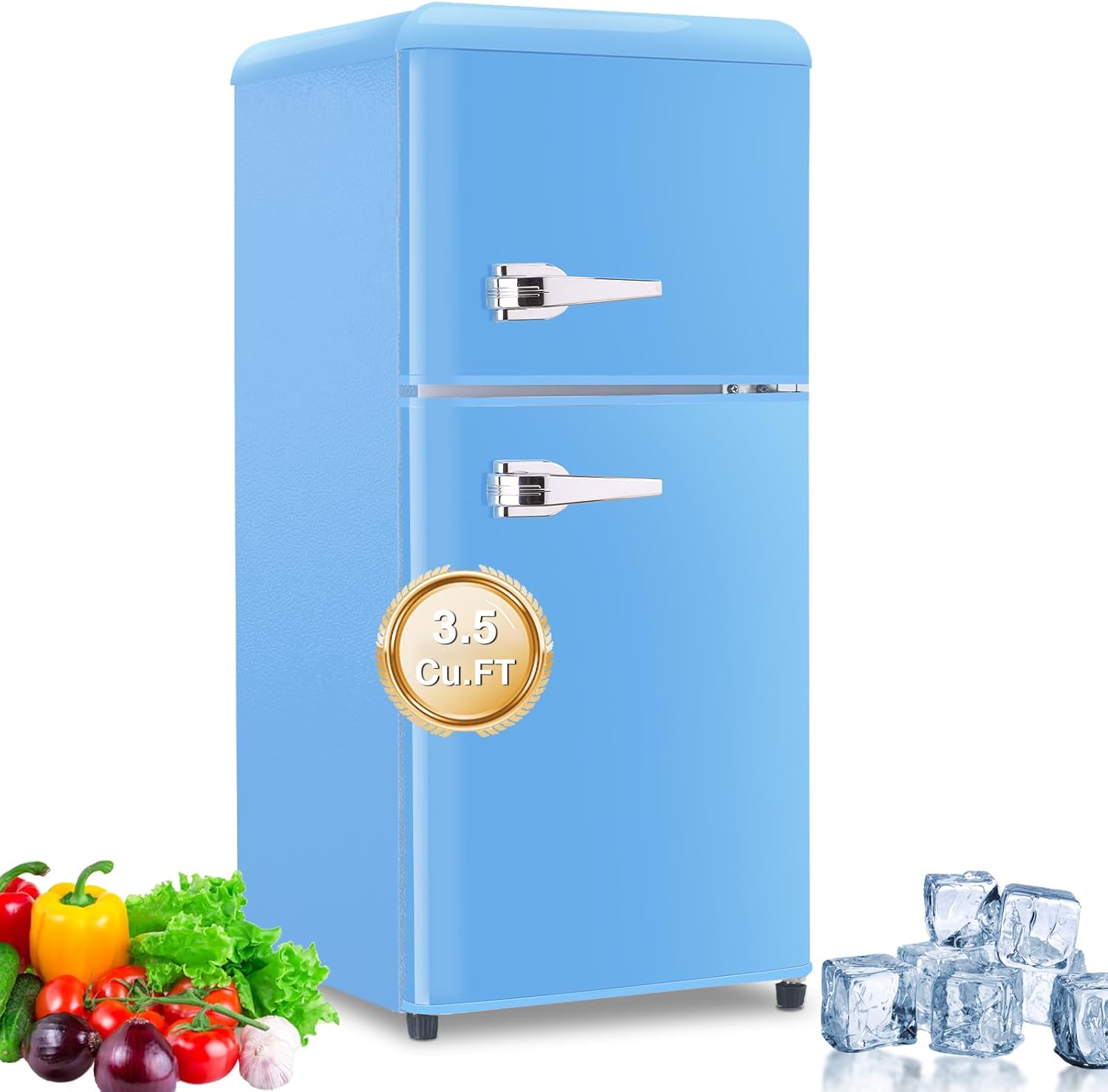 FLS-80-Blue 3.5Cu.Ft Compact Refrigerator, Small Refrigerator with freezer, Retro Fridge with Dual Door, 7 Level Adjustable Thermostat for Garage