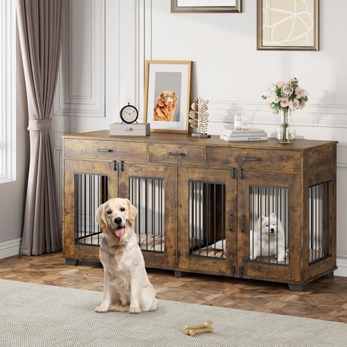 Dog Crate Furniture for 2 Dogs, 71'' XXL Indoor Dog Kennel with 3 Drawers and Removable Room Divider