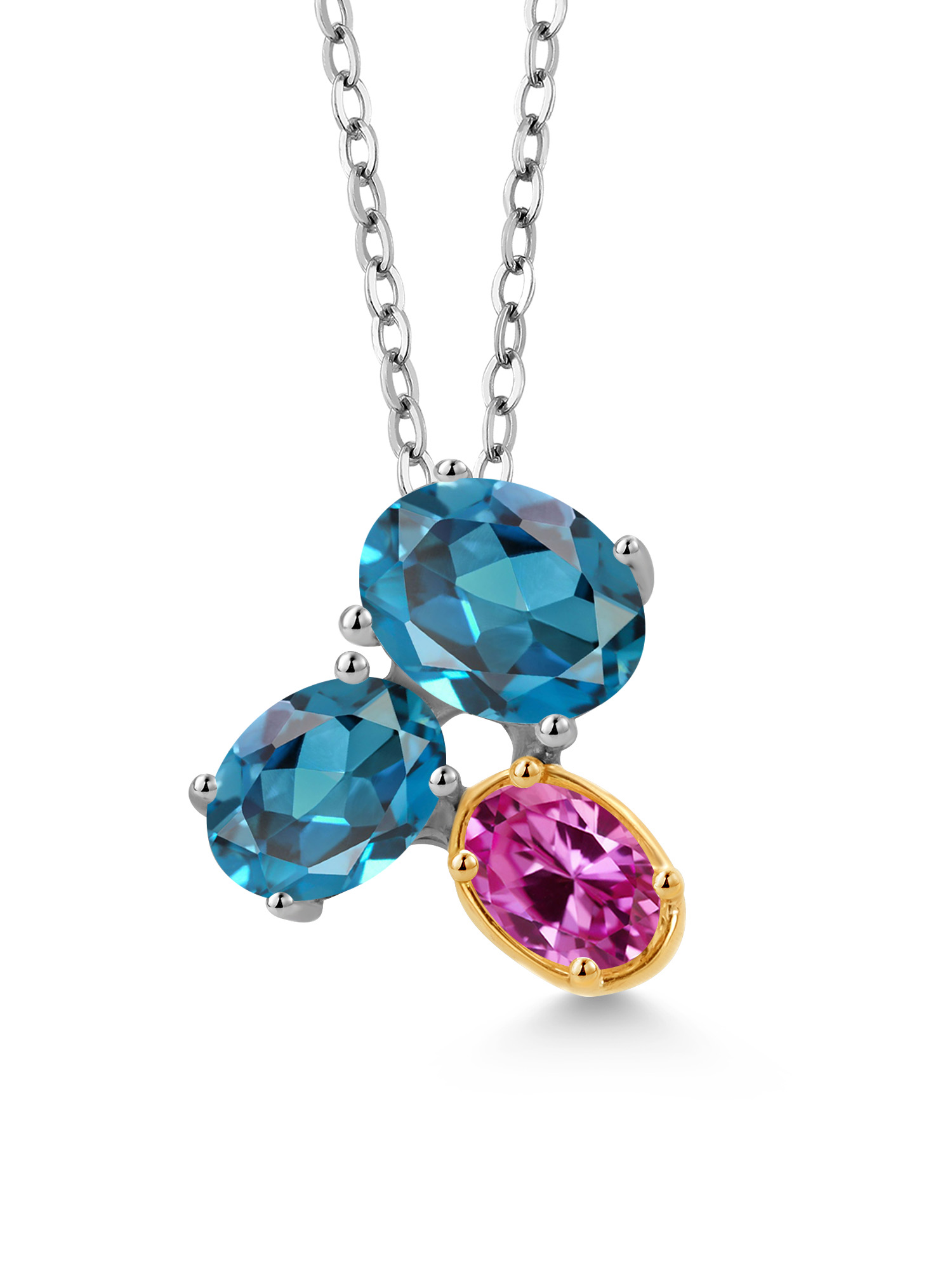 925 Silver and 10K Yellow Gold London Blue Topaz and Pink Created Sapphire Pendant Necklace For Women (3.00 Cttw, Oval 8X6MM, 7X5MM and 6X4MM