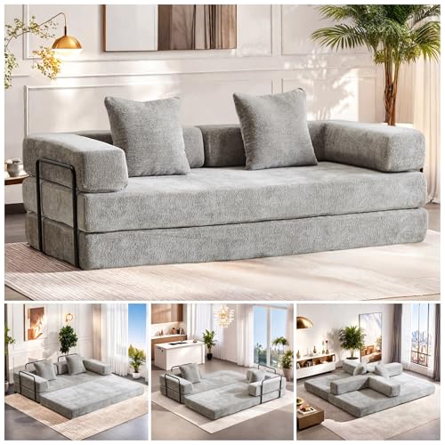 Convertible Floor Sofa Bed, Foldable Mattress Cloud Couch with Pillow Back & Armrest, Chenille Sleeper Sofa Bed with Fixed-Shape Frame