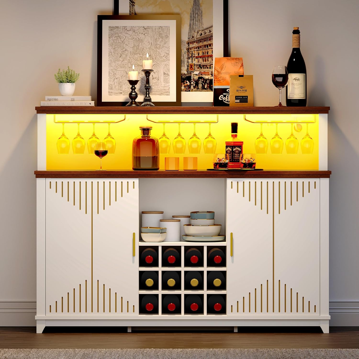 YITAHOME Coffee Bar Cabinet with Storage, 55" Wine Bar Cabinet w/LED Lights & Power Outlet, Kitchen Buffet Cabinet with Door Wine and Glass Rack