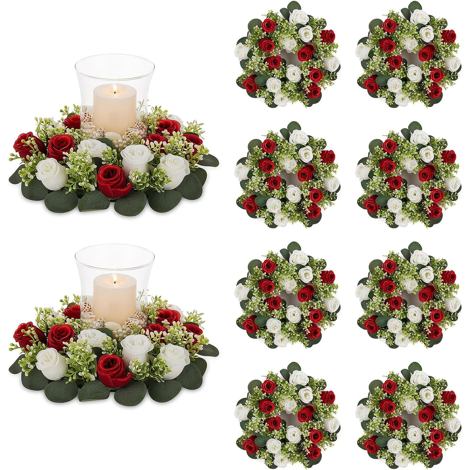 Blosmon Candle Rings Wreaths 6 Pcs 13.4" Large Burgundy & White Artificial Flowers Wedding Centerpiece for Table Spring Summer Fake Rose Wreath for