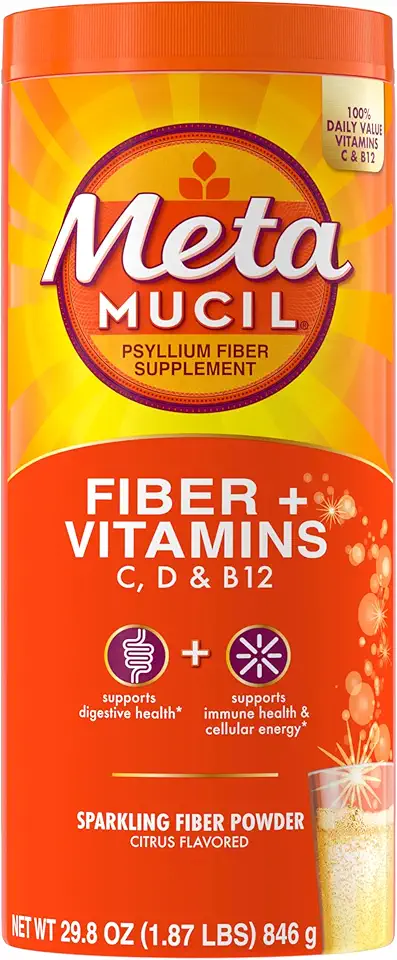 Metamucil Sparkling Fiber Supplement + Vitamins, Plant Based Psyllium Fiber Powder with Vitamins C, D & B12