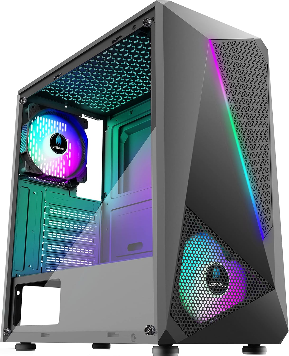 MOROVOL PC Case with LED Light Strip, ATX PC Case Designed with Irregular Front Panel Mid Tower Computer Case