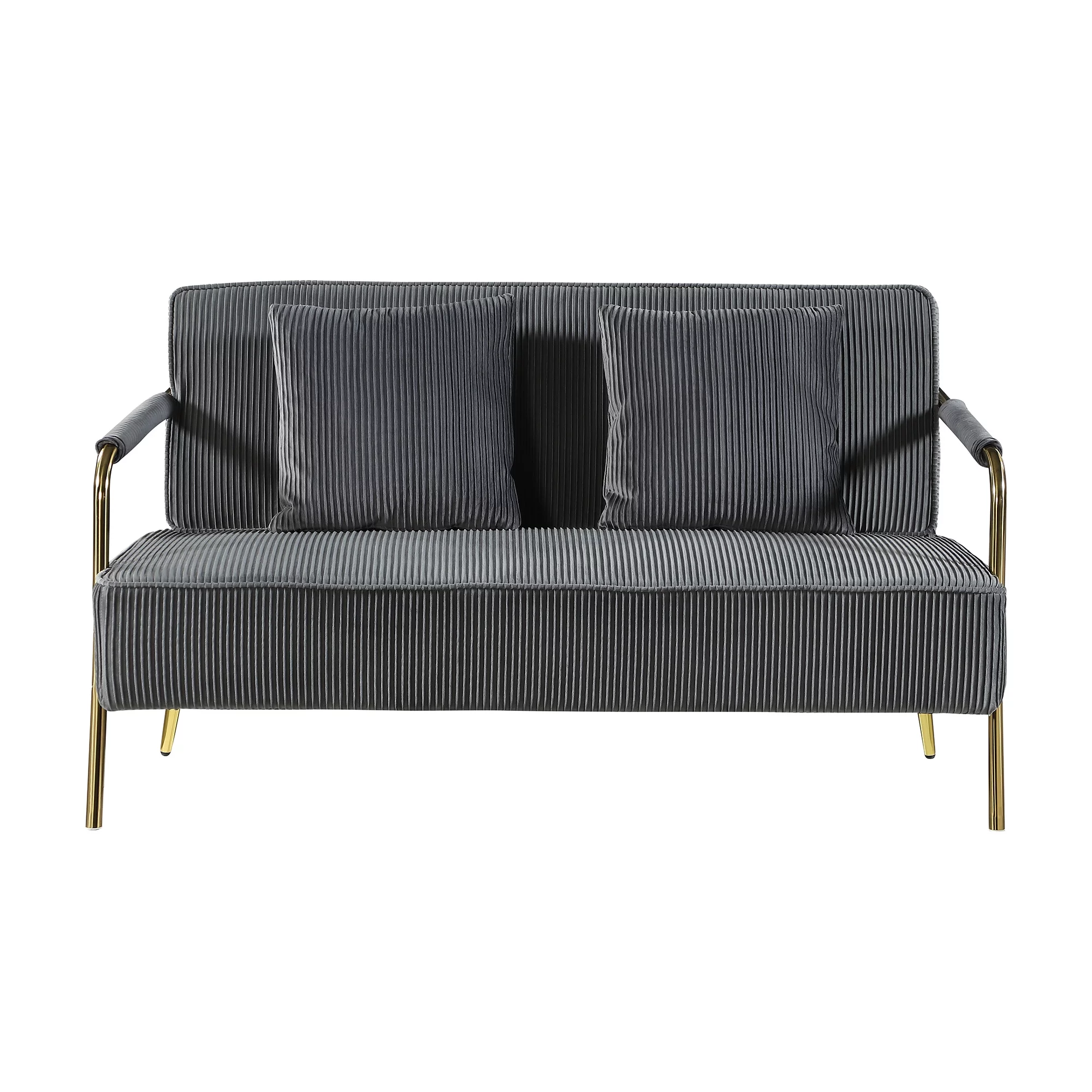 56" Width Modern Upholstered Pleated Velvet Loveseat Comfy 2 Seater Small Sofa Couch with Gold Metal Legs 2pcs Throw Pillows for Living Room
