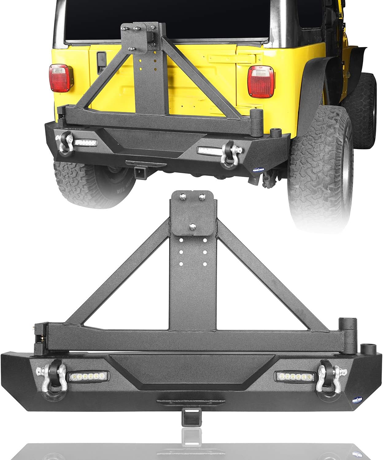 u-Box Wrangler Rear Bumper w/Tire Carrier for 1987-2006 Jeep TJ YJ Wrangler Different Trail Texture Steel Bumper w/ Receiver Hitch & LED Lights
