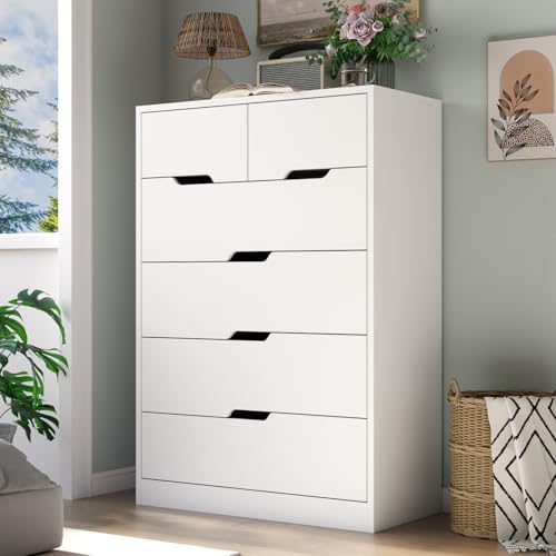 6 Drawer Dresser for Bedroom, Tall White Dresser with Large Organizer, Modern Chest of Drawers, Wooden Dresser with Deep Storage Drawer