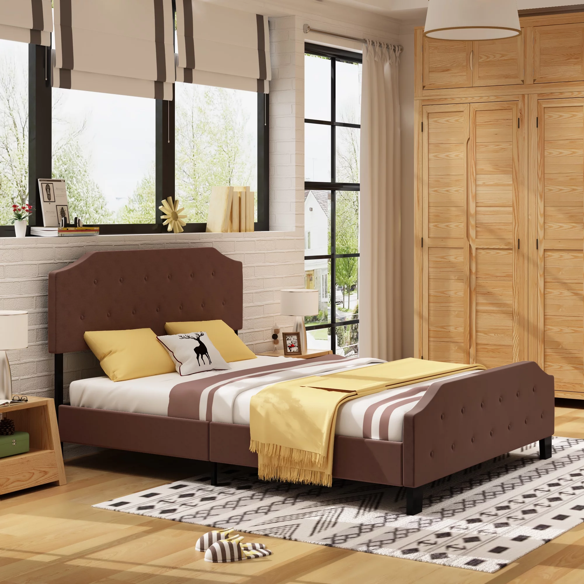 Upholstered Tufted Platform Bed Frame with Bonus Base Wooden Slat System, Queen, Brown