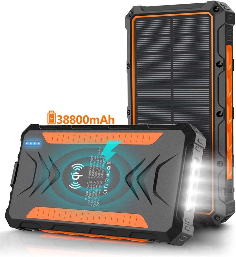 Solar Power Bank 38800mAh, Solar Charger,Portable Charger, Outputs 5V/3A High-Speed & 2 Inputs Huge Capacity Phone Charger for Smartphones