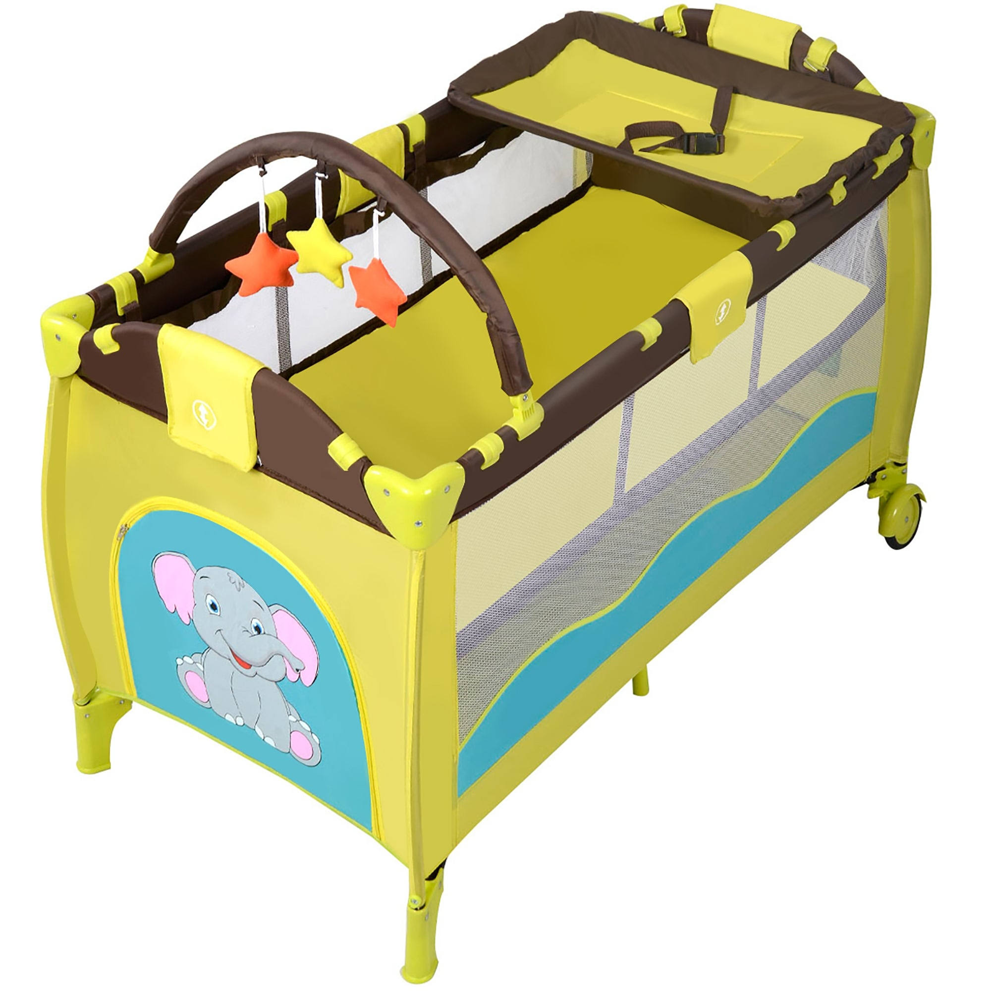 Portable Baby Playard Travel Bassinet Bed with Hanging Toys - Green