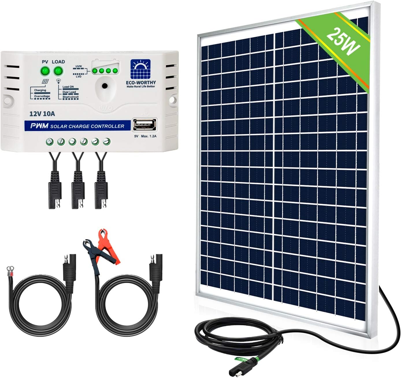 ECO-WORTHY 25 Watts 12V Off Grid Solar Panel SAE Connector Kit: Waterproof 25W Solar Panel + SAE Connection Cable +10A Charge Controller for Car RV