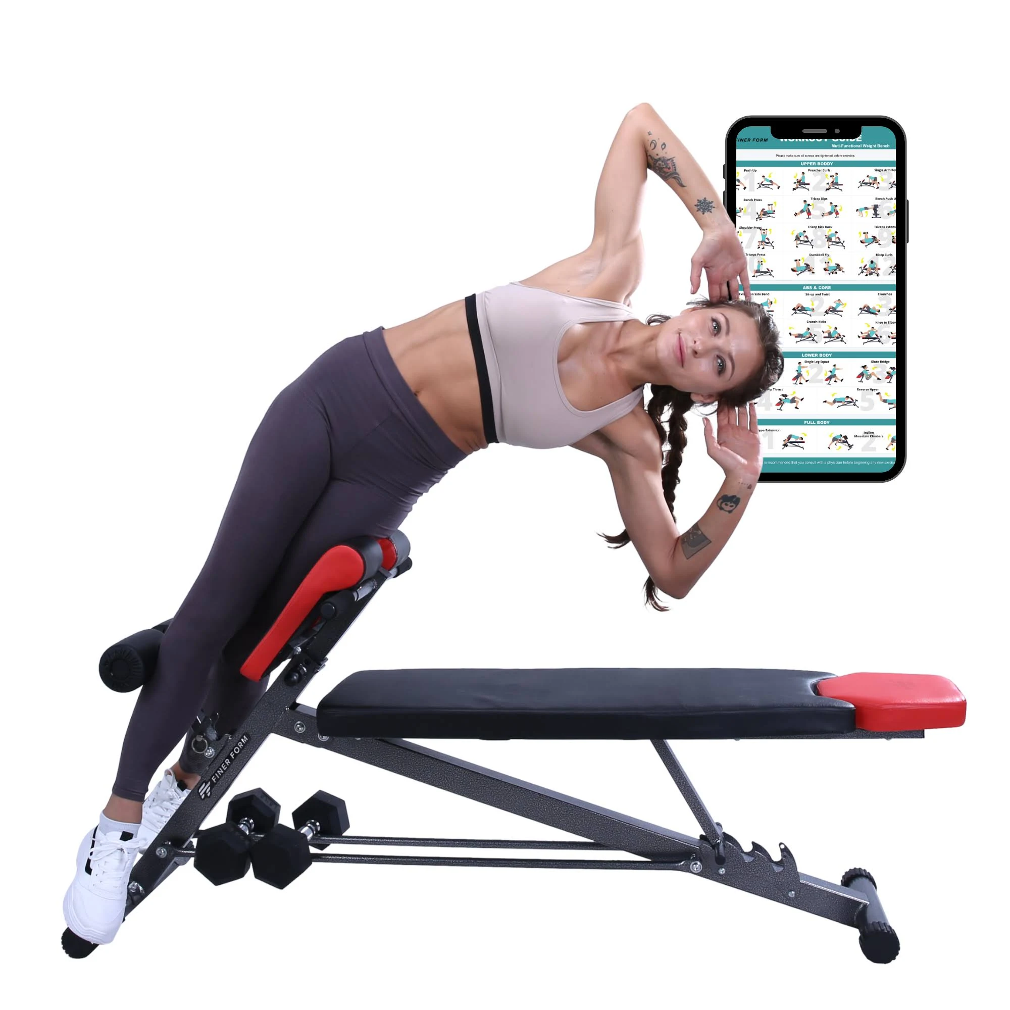 Finer Form Multi-functional Bench for Full All-in-One Body Workout – Hyper Back Extension, Roman Chair, Adjustable AB Sit Up Ben