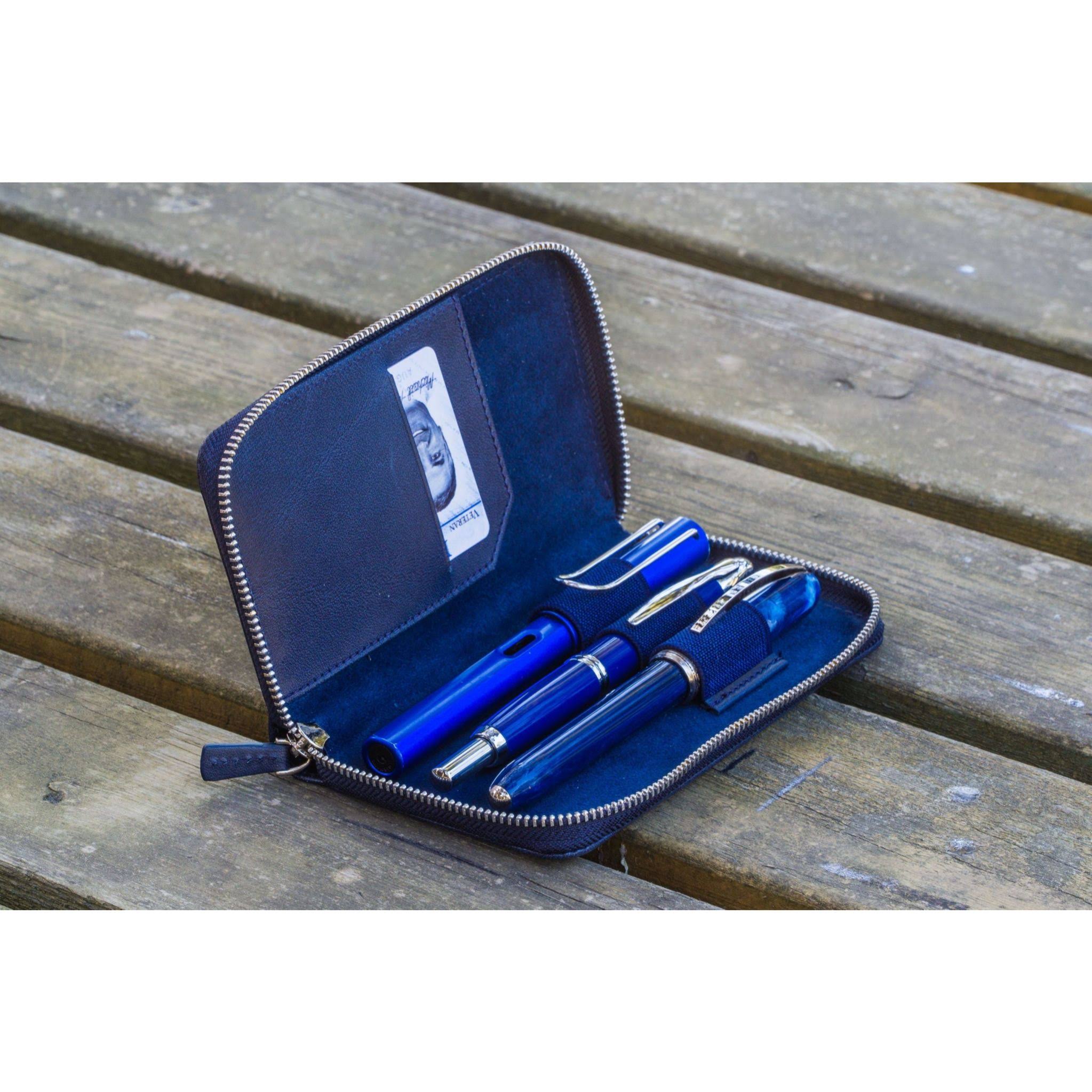 Galen Leather 3 Pen Zipper Case - Navy Blue