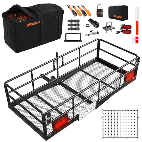 Mockins XL 66"x30"x14" High Rail Folding Hitch Cargo Carrier w/ 45 CuFt Trailer Hitch Cargo Carrier Bag | 500Lbs Cap Luggage Rack for SUV Car & Truck