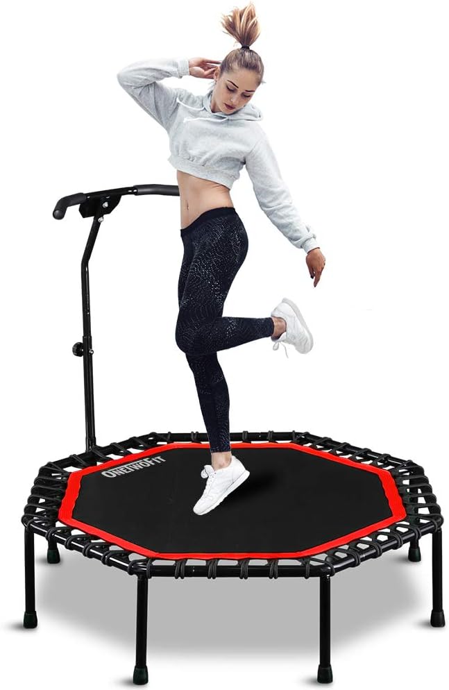 ONETWOFIT 51 Silent Trampoline with Adjustable Handle Bar, Fitness Trampoline Bungee Rebounder Jumping Cardio Trainer Workout for Adults