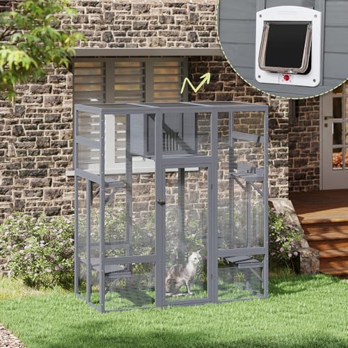 COZIWOW 70Inches Large Stable Spacious Wooden Catio Outdoor Cat Enclosure with Perches and Condos, Cat Cage Indoor with Waterproof Roof