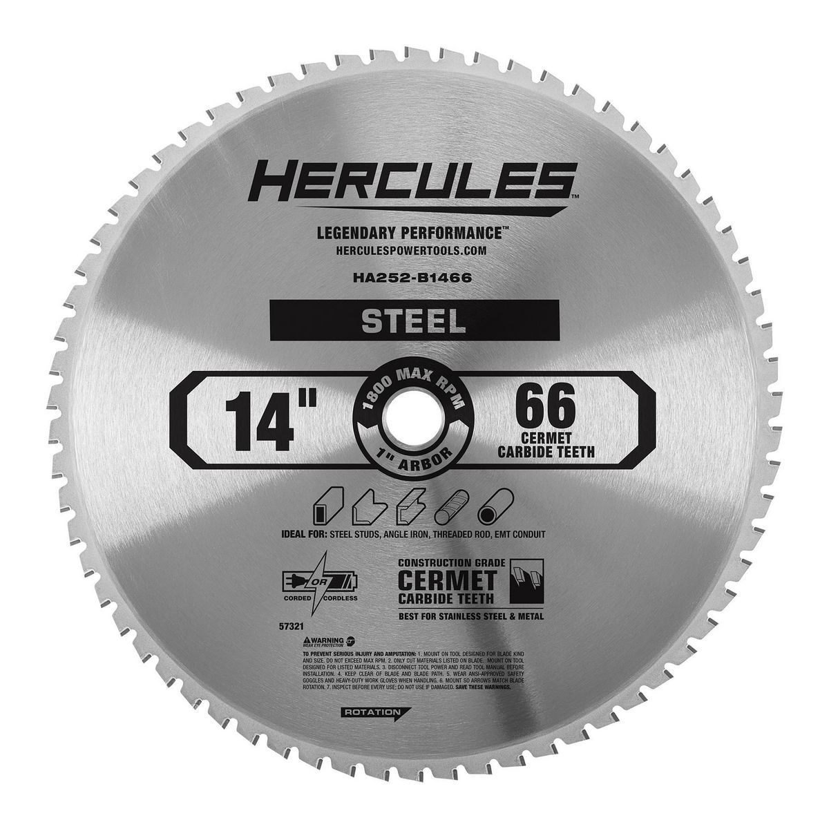HERCULES 14 in., 66T Cermet Carbide Circular Saw Blade for Metal-Cutting Saws with 1 in. Arbor