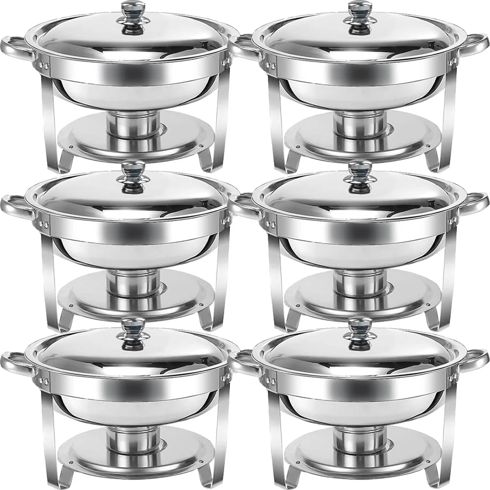 6 Pack Chafing Dish Buffet Set, 5QT Round Stainless Steel Chafer for Catering, Upgraded Chafers and Buffet Warmer Sets w/Food & Water Pan, Lid