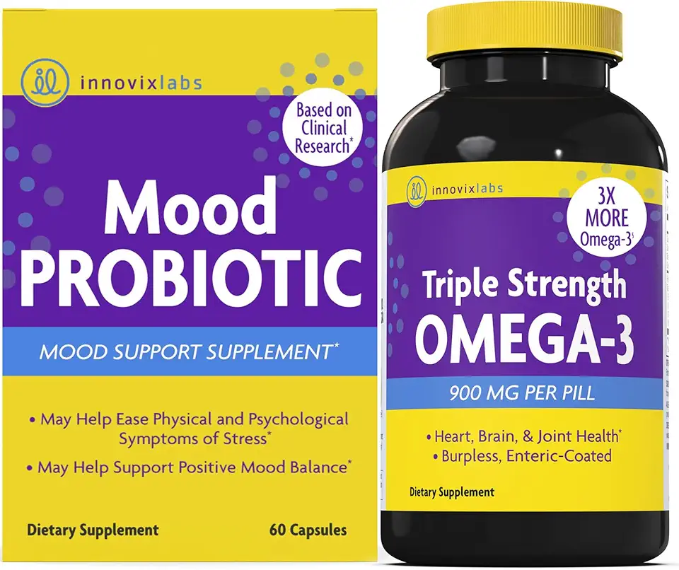 InnovixLabs Mood Probiotic & Triple Omega Bundle Mood Probiotic (60 Capsules) Triple Strength Omega-3 Fish Oil (200 Softgel). Supports Brain