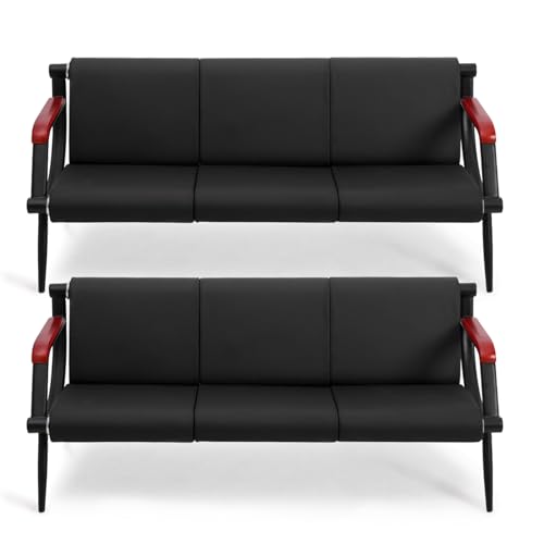 Waiting Room Bench with Wooden Armrest, PU Leather Office Furniture, Lobby Conference Reception Bench, Office Guest Seating for Clinic,Airport