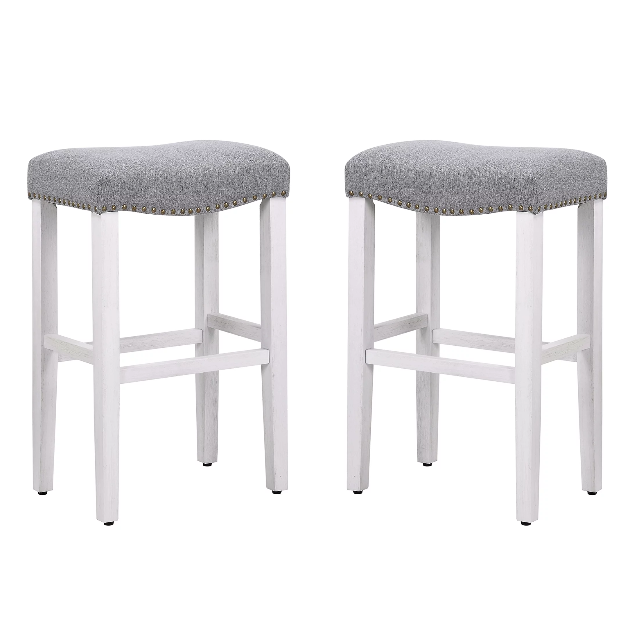 WestinTrends Barstools Bar Height Set of 2, 29" Farmhouse Kitchen White Wooden Saddle Stool Chair, Linen Upholstered Cushion with Solid Wood Leg, Gray