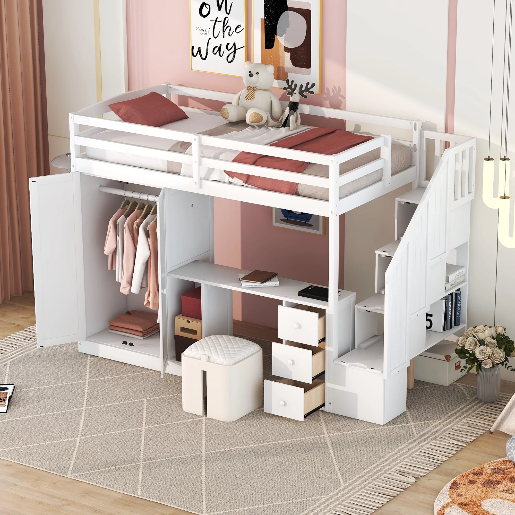 Bellemave Twin Size Loft Bed with Wardrobe and Staircase, Desk and Storage Drawers and Cabinet, Wood All-In-One Loft Bed Frame for Kids, Teens (White)