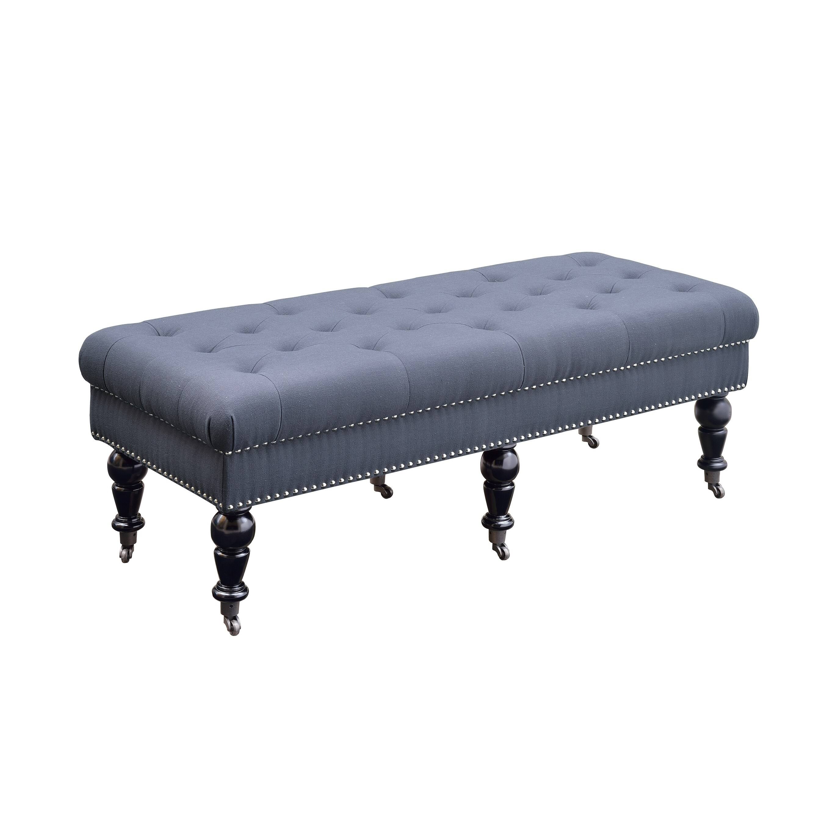 Benzara 50 inch Button Tufted Bench with Caster Wheels Black and Blue