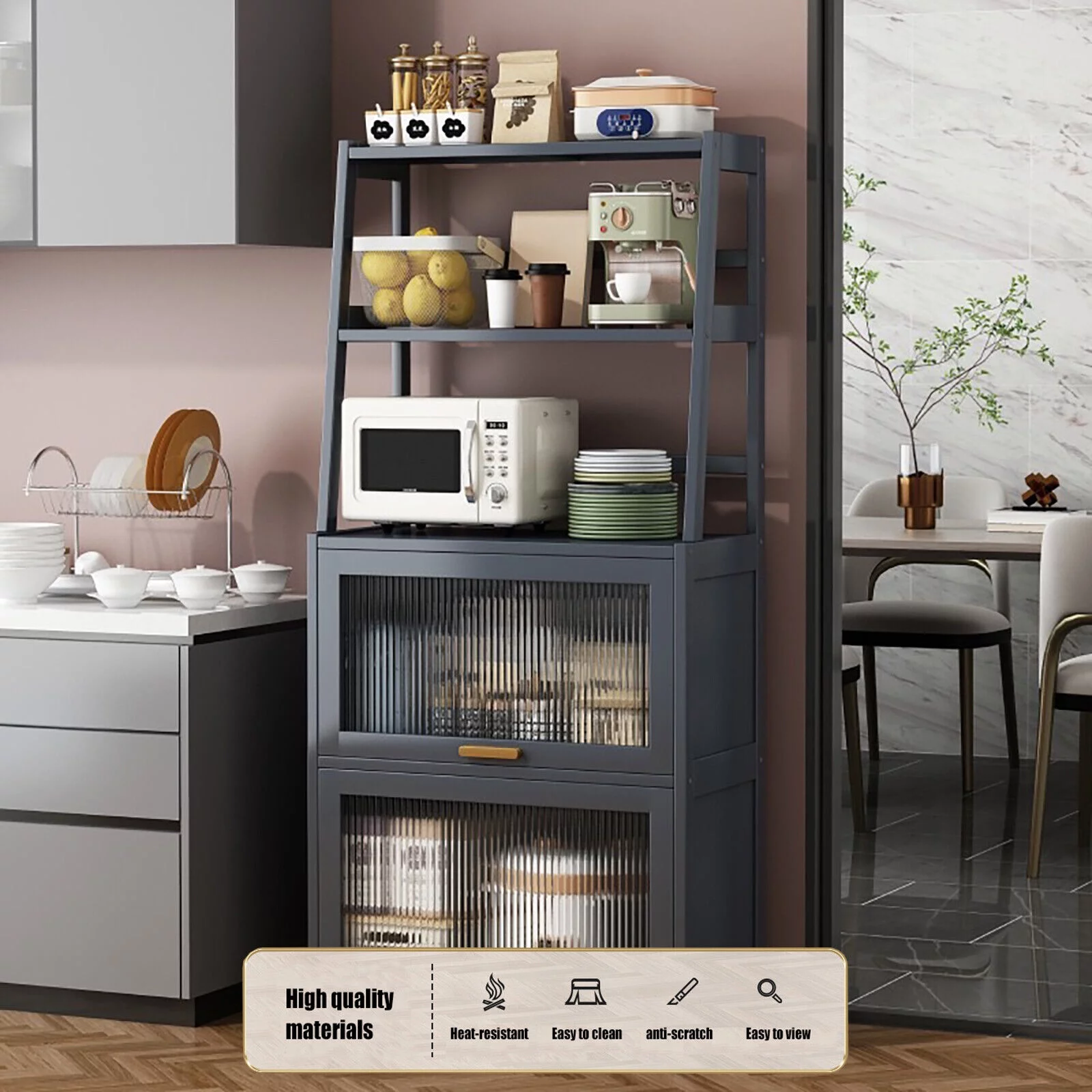5-Tier Kitchen Bakers Rack w/Cabinet Freestanding Kitchen Pantry Storage Cabinet with 2 Flip-up Hover Acrylic Door Kitchen Storage Rack Buffet