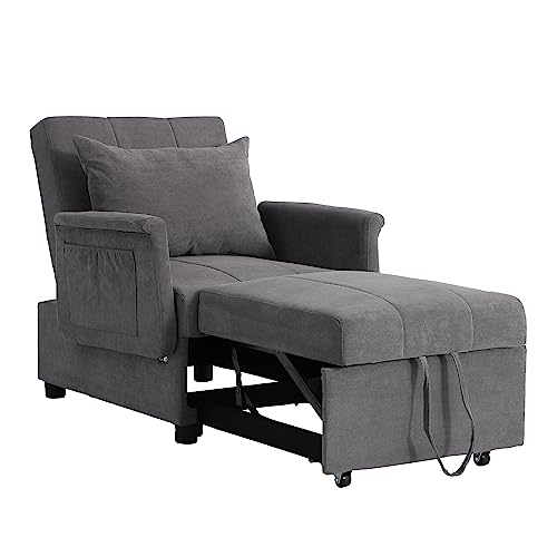 Convertible Chair Sleeper Bed, Folding Ottoman Sleeper Guest Bed 3 in 1 Multi-Function Adjustable PU Leather Futon Chair with Lumbar Pillow (Black)