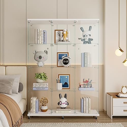 Large Glass Display Cabinet with 12 Glass Shelves and Double Doors, Modern 4-Tier Curio Cabinets with Wheels and Lock