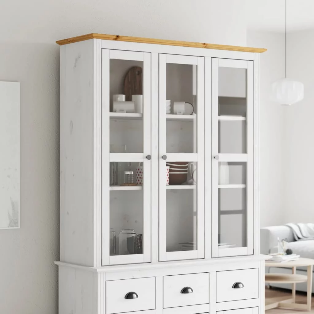 Htovila Cabinet with Glass Doors BODO White and Brown Solid Wood Pine